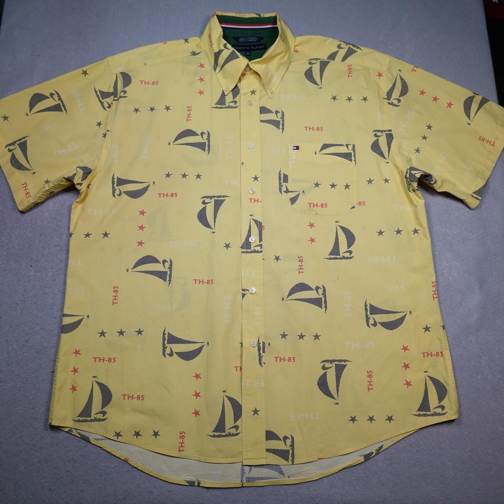 Vintage Tommy Hilfiger Shirt Mens XL Yellow Sailboat Nautical All over 2000s Y2K